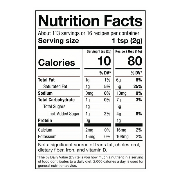 Nutrition facts label for a product with serving size, calories, and nutritional content details.