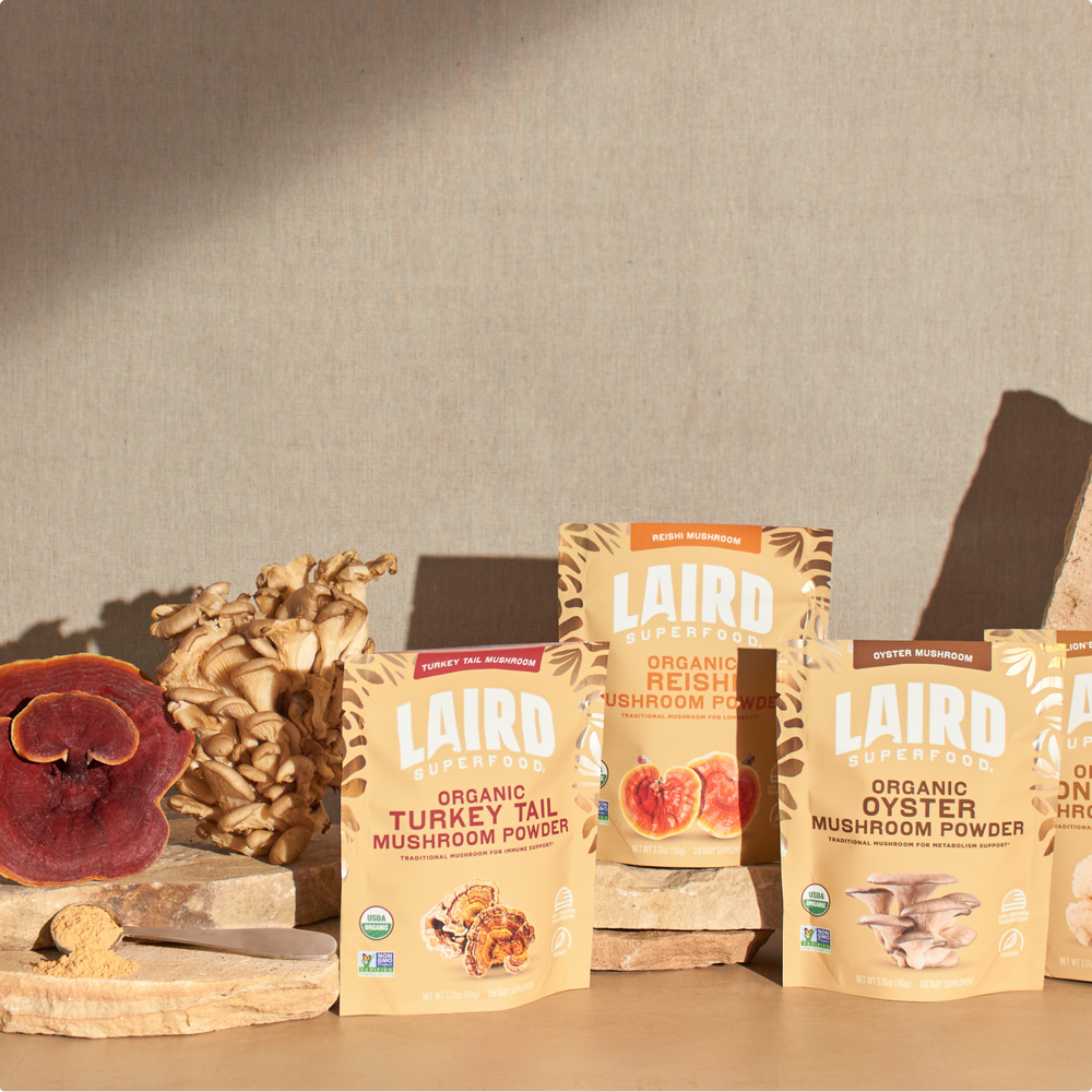 Collection of Laird Superfood organic mushroom powders. 