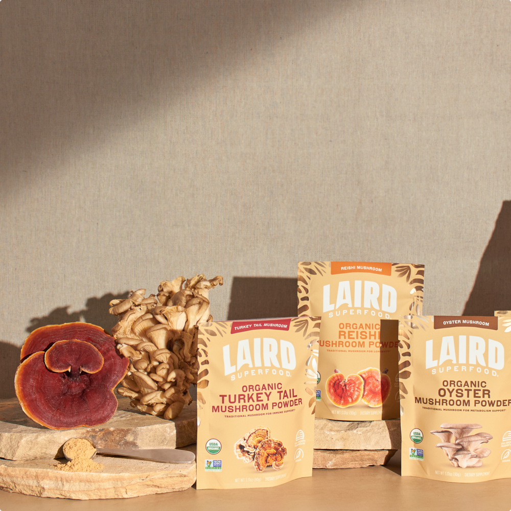 collection of Laird Superfood organic mushroom powders. 