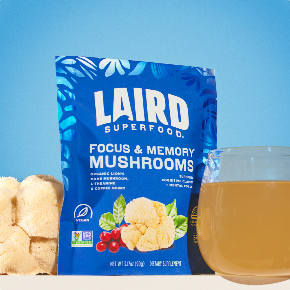 Laird Superfood focus and memory powder with a lion's mane mushroom and glass mug with the mushroom mix in it