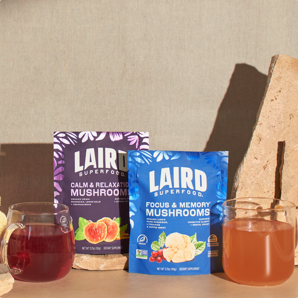 Laird Superfood calm and relaxation mushroom and focus and memory mushrooms  and glass mugs with each mushroom mix