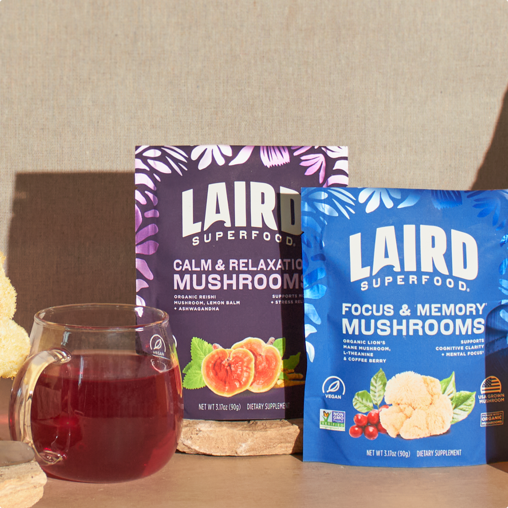 Laird Superfood calm and relaxation mushroom and focus and memory mushrooms  and glass mugs with each mushroom mix