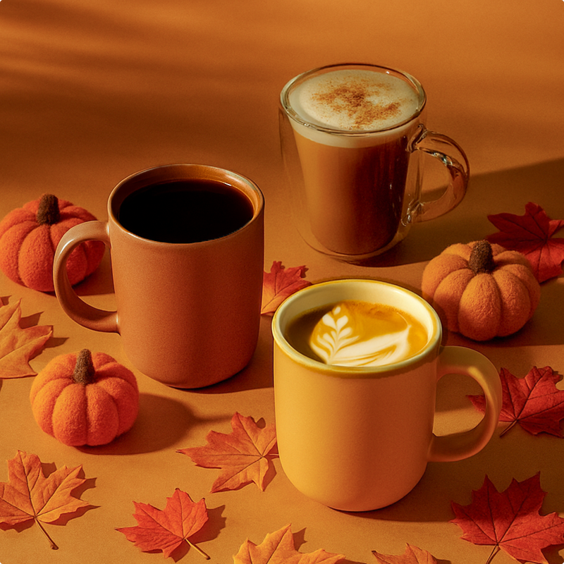 Three coffee mugs with different beverages on a table with pumpkins and leaves, all set against an orange background.