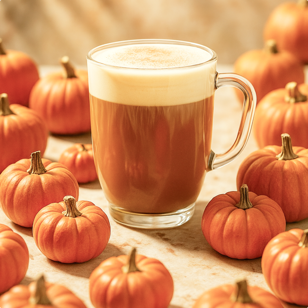 Glass mug of pumpkin spice latte surrounded by small pumpkins on a wooden surface