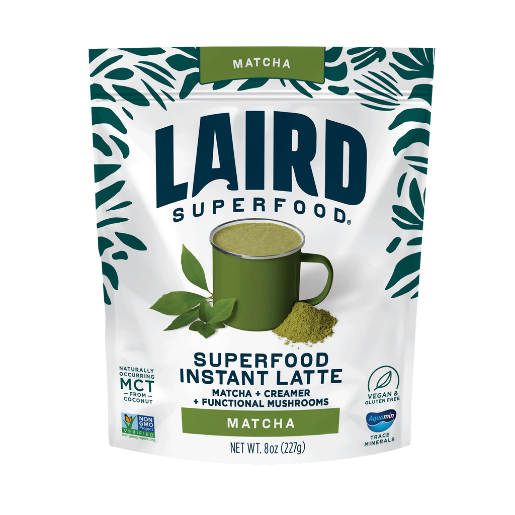 Instant coffee package from Laird Superfood, featuring a vibrant design and highlighting its organic ingredients.