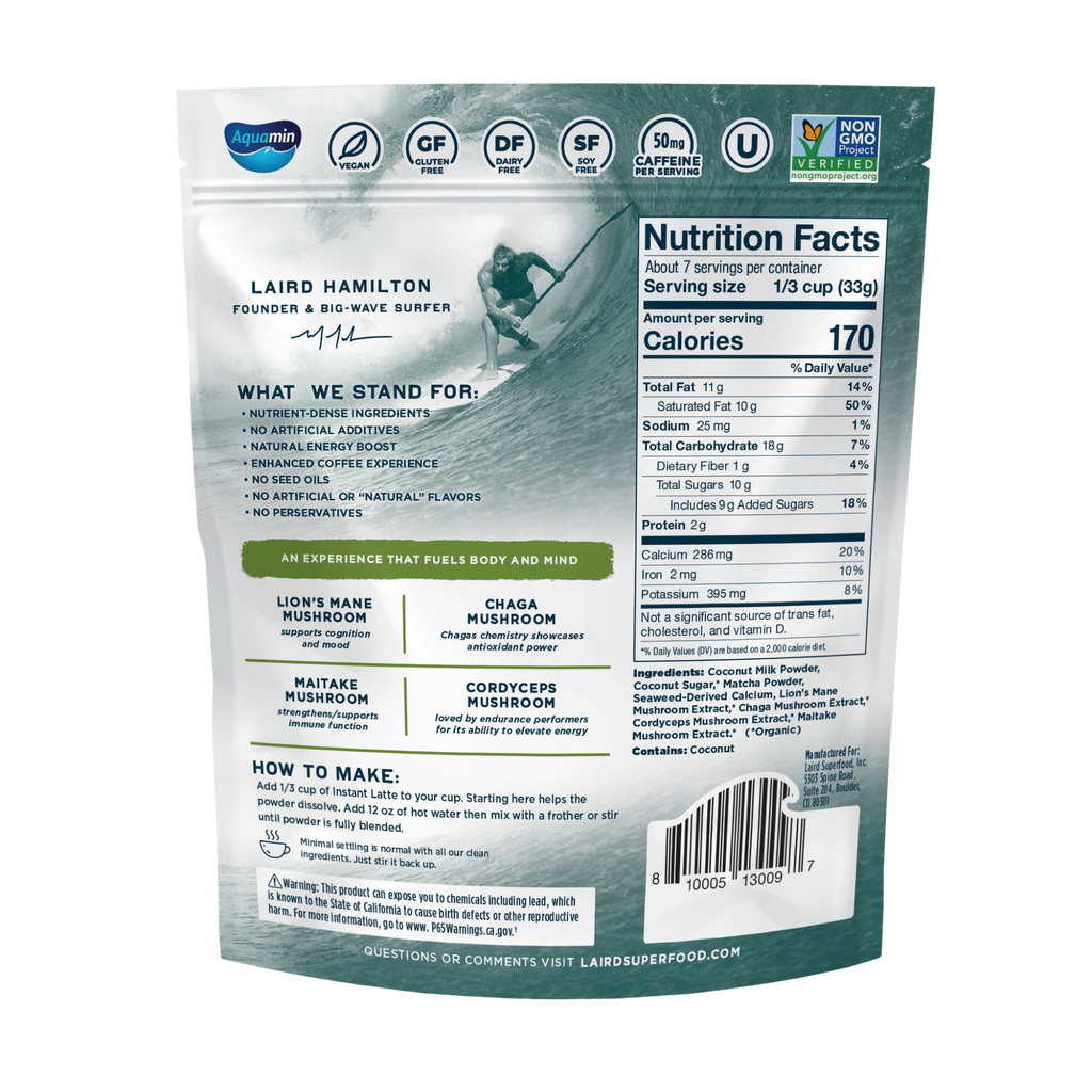 instant coffee back of package from Laird Superfood, featuring a vibrant design and highlighting its organic ingredients.