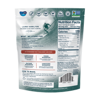 Back view of Laird Superfood Chai Instant Latte highlighting  mushroom blend benefits and a suggested recipe. 
