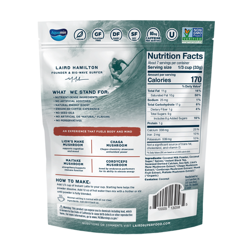 Back view of Laird Superfood Chai Instant Latte highlighting  mushroom blend benefits and a suggested recipe. 