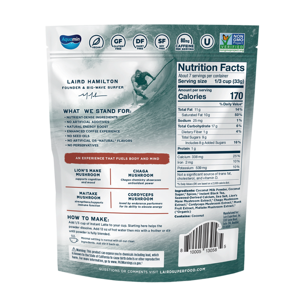 Back view of Laird Superfood Chai Instant Latte highlighting  mushroom blend benefits and a suggested recipe. 
