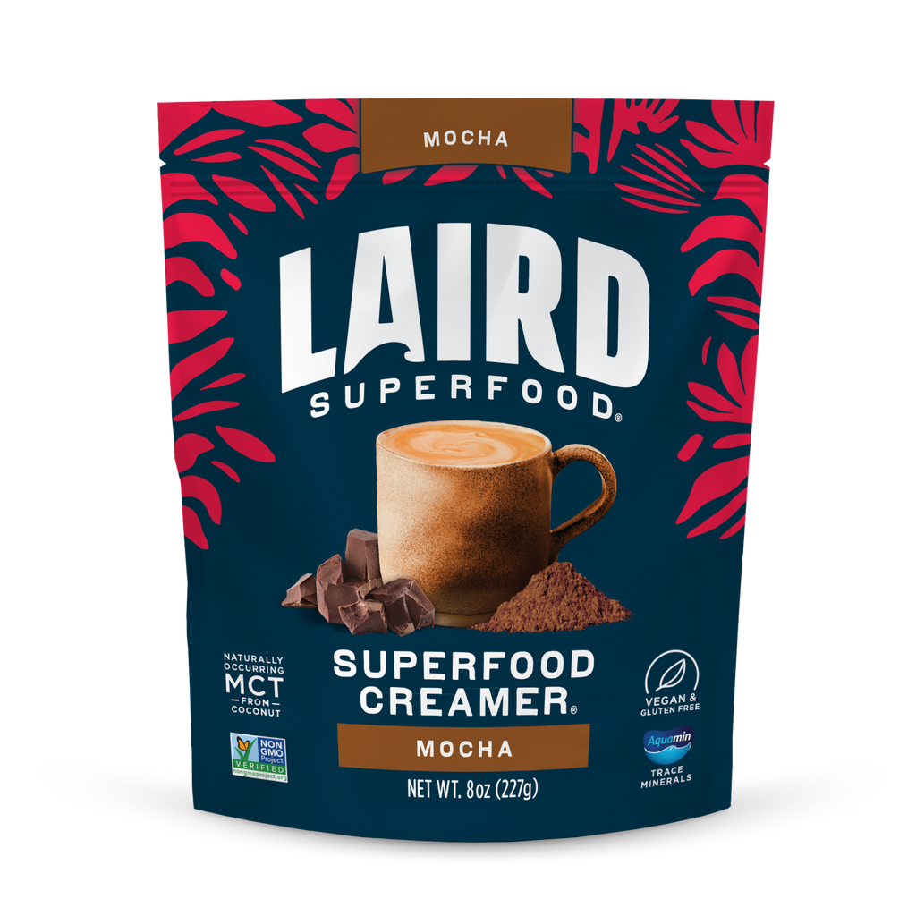 Laird Superfood Creamer package featuring a blend of coconut and plant-based ingredients for coffee enhancement.