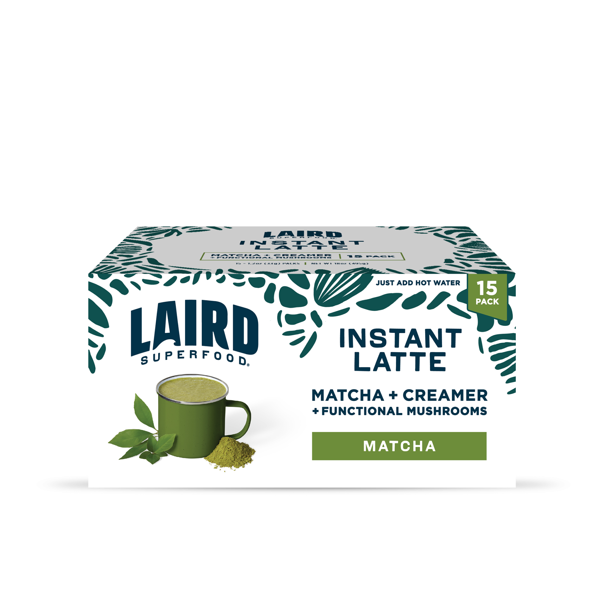 15 count pack of single serve Laird Superfood Matcha Instant Latte with functional mushrooms.