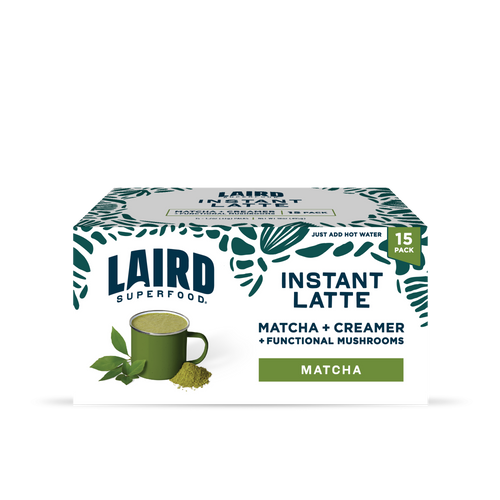 15 count pack of single serve Laird Superfood Matcha Instant Latte with functional mushrooms.