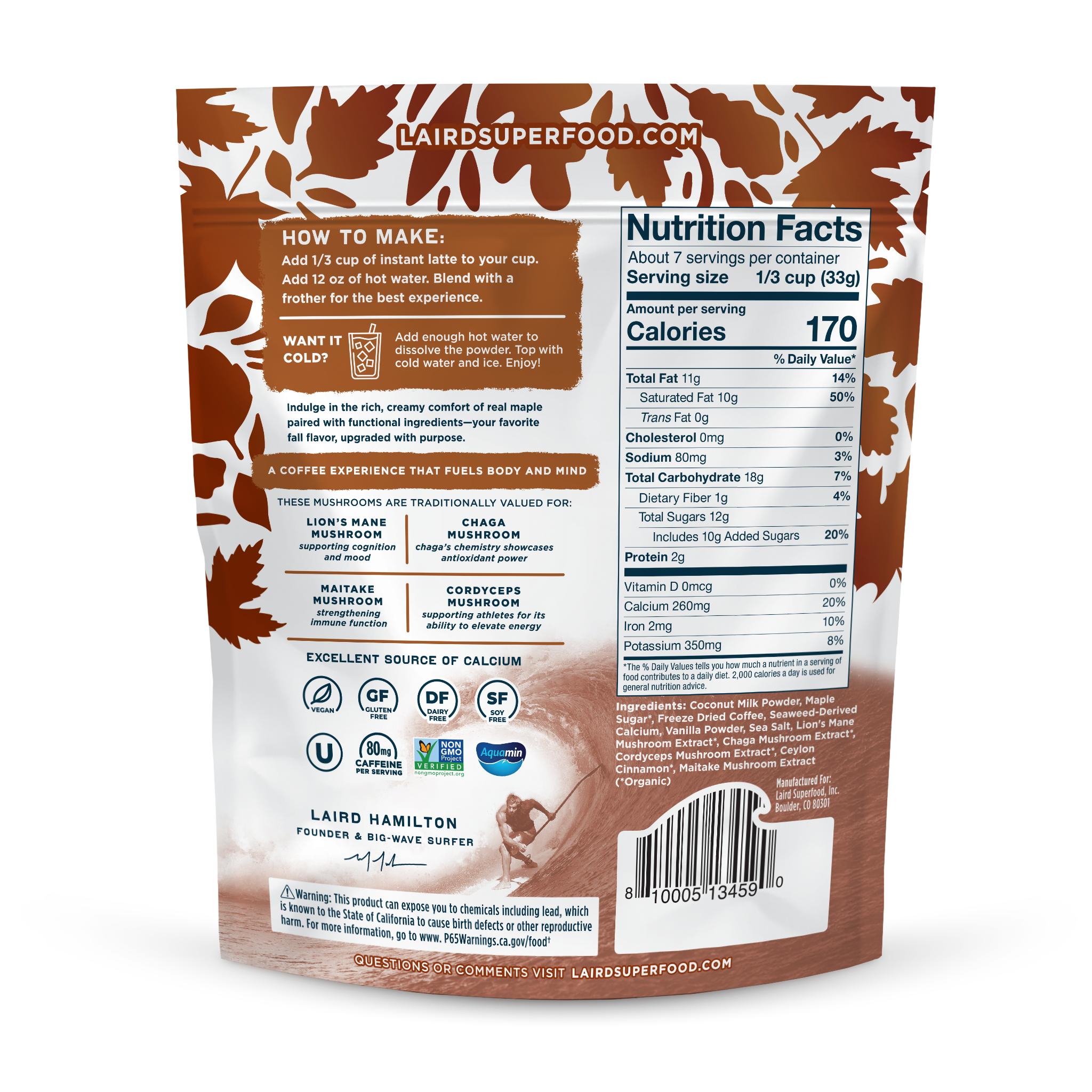Laird Superfood package with nutrition facts and ingredients listed