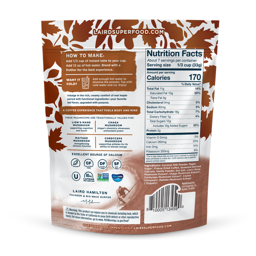 Laird Superfood package with nutrition facts and ingredients listed
