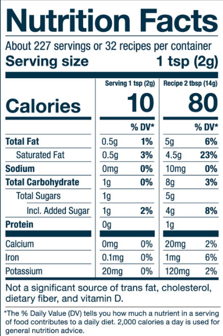 Nutrition Fact Panel for 16oz Bulk Package of Turmeric Superfood Creamer