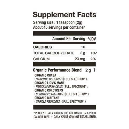 LSF Performance Mushroom Nutrition Fact Panel