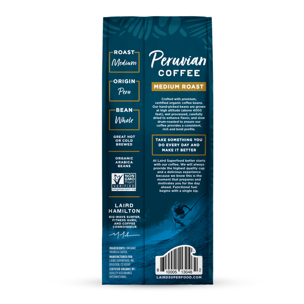 Peruvian Medium Roast Whole Bean Coffee 12 oz Back of Packaging