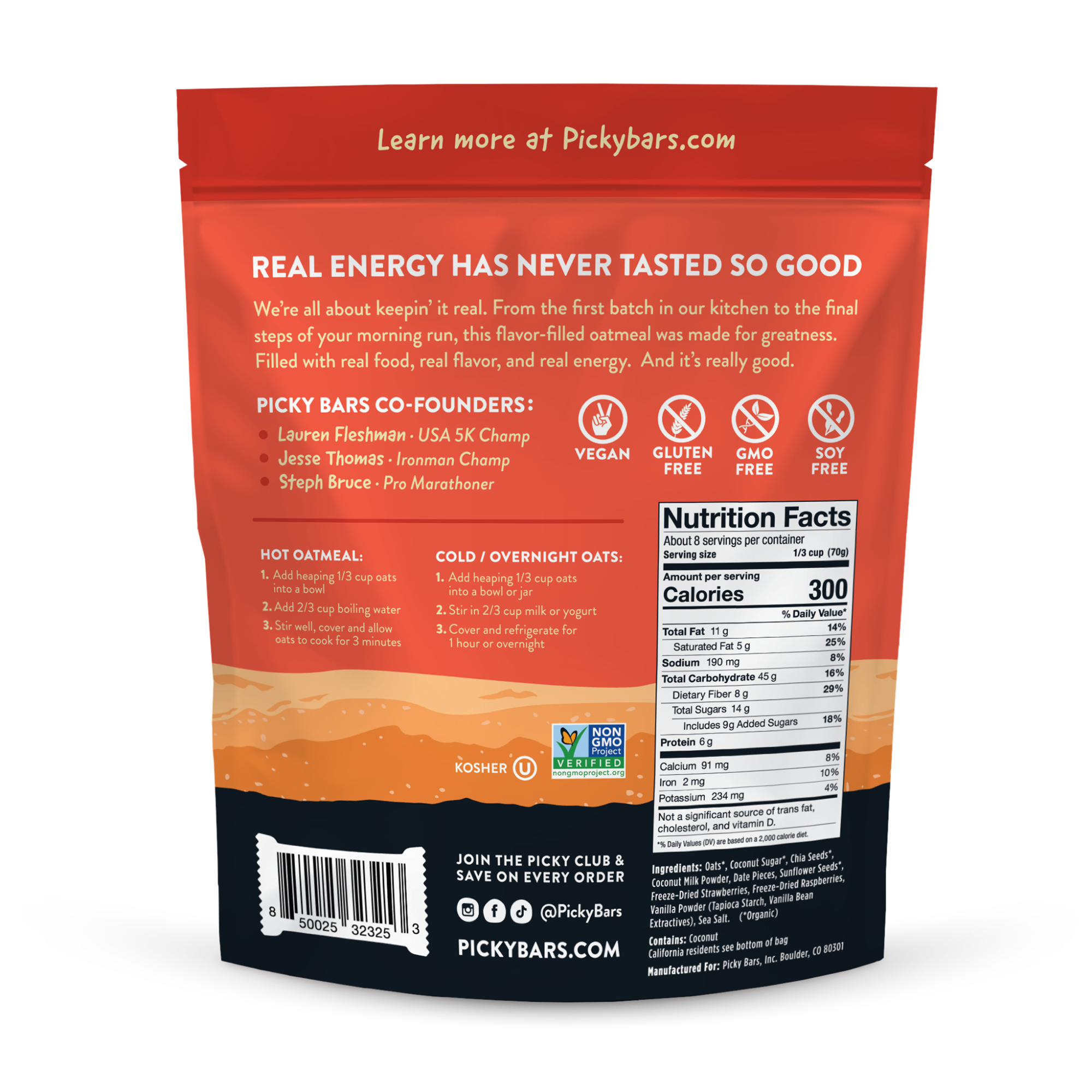 back graphic of Picky Bar's Oatmeal with Berries and Cream packaging