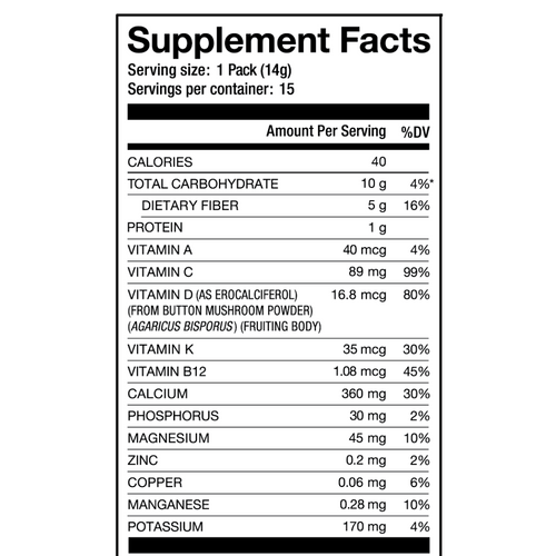 Nutrition Fact Panel for Prebiotic Daily Greens Single Serving Packet