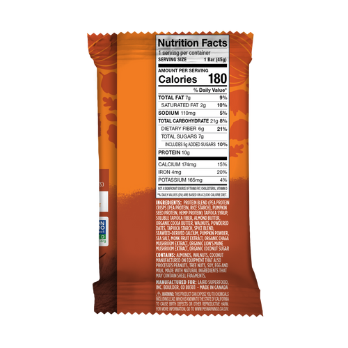 Pumpkin Spice Superfood Protein Bar with Adaptogens Nutrition Fact Panel