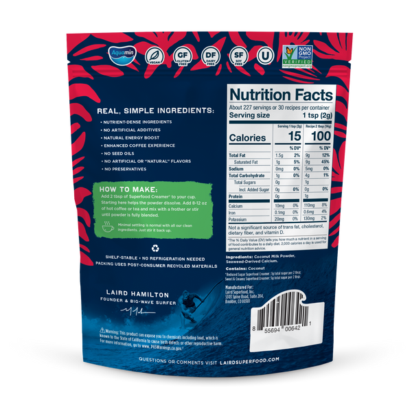 Reduced Sugar Superfood Creamer back of package