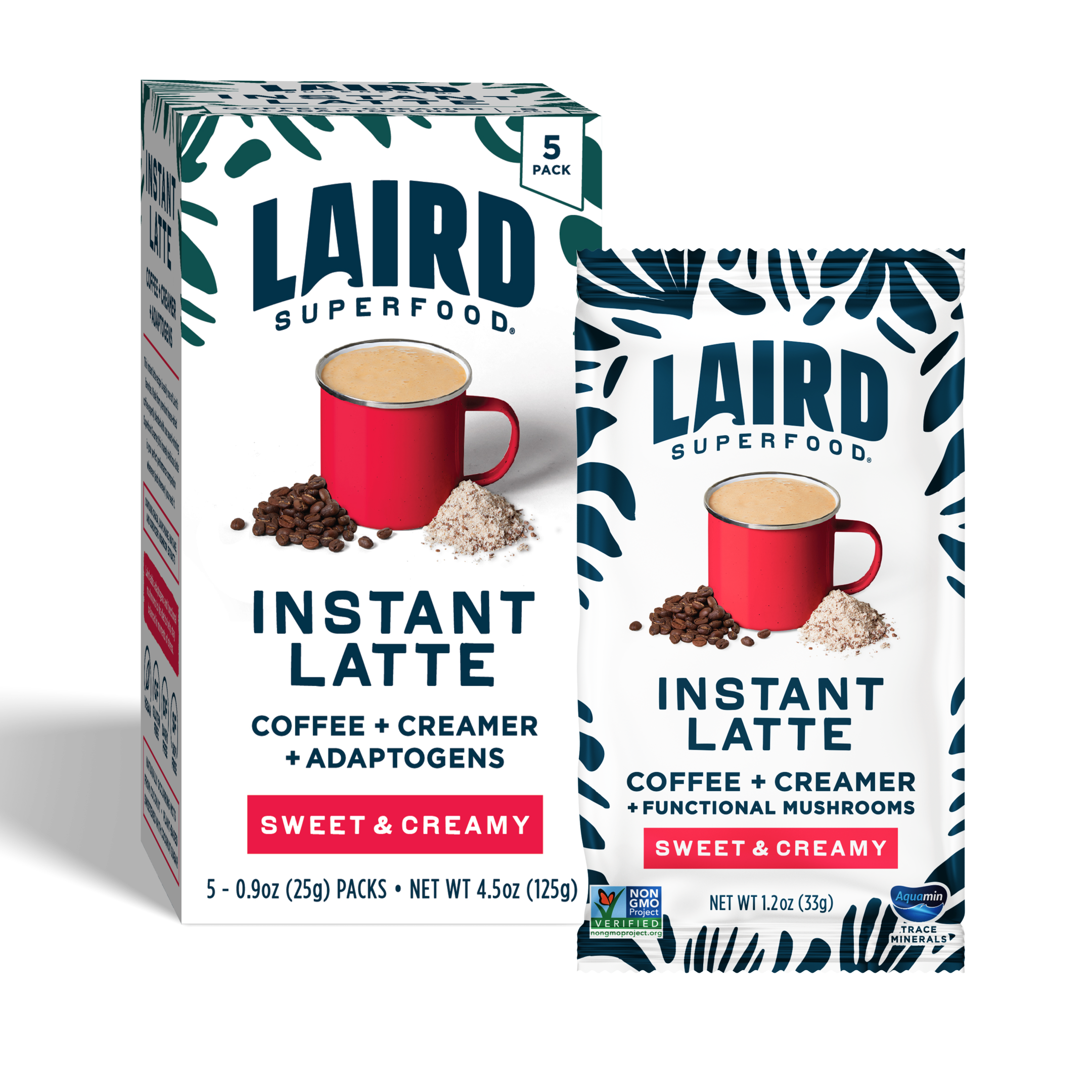 A 5 pack box of Laird Superfood Instant Latte single serving packets with one single serving packet shown for size