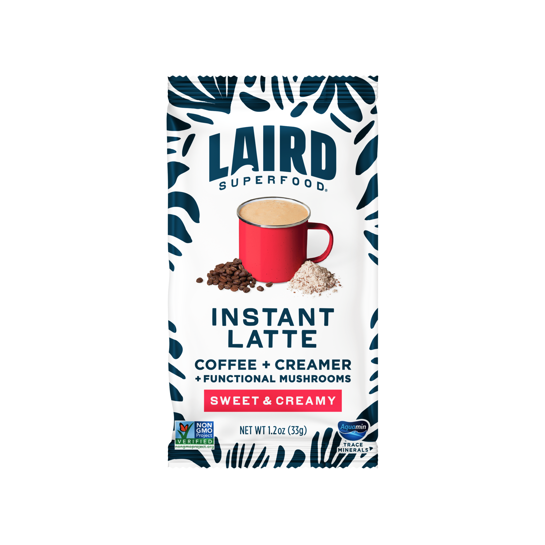 A white Laird Superfood Instant Latte packet with floral graphics and a frothy cup of superfood fueled coffee 