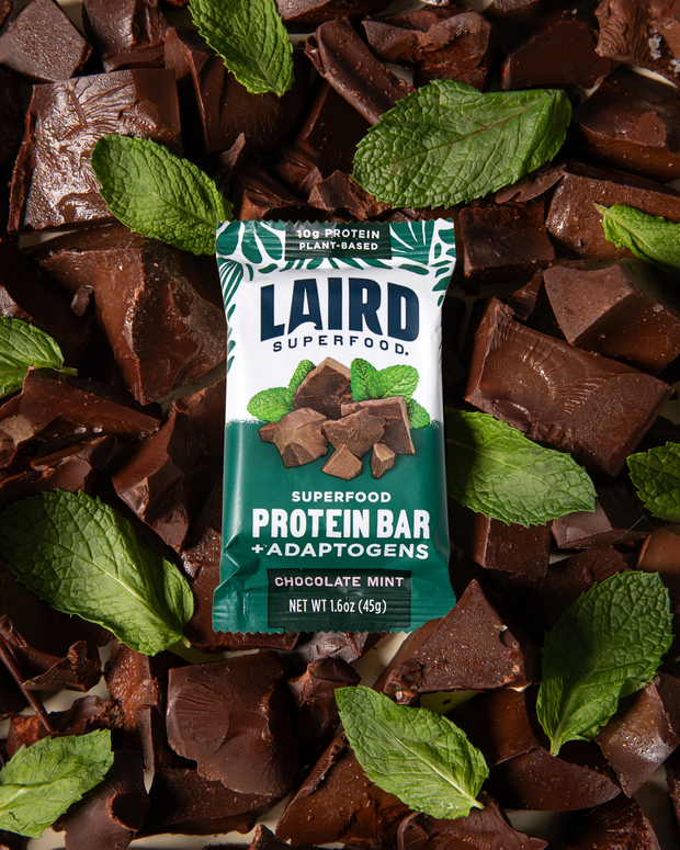 Chocolate Mint Protein Bar in pieces of choclate and mint leaves. 