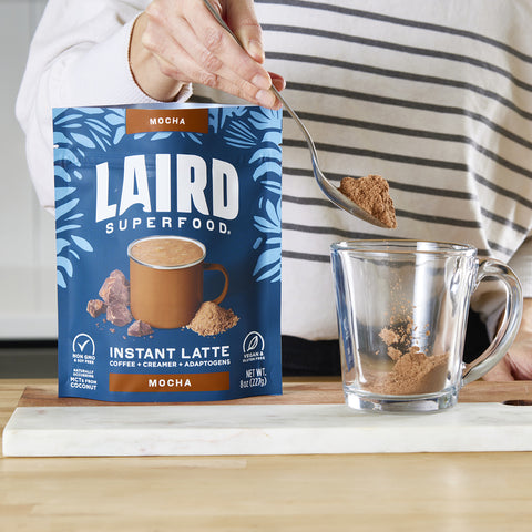 Mocha Instant Latte is the perfect blend of freeze-dried premium coffee with the inclusion of maitake, chaga, lion’s mane, and cordyceps functional mushrooms, all with the rich cacao flavor of the Laird Superfood Mocha Superfood Creamer.