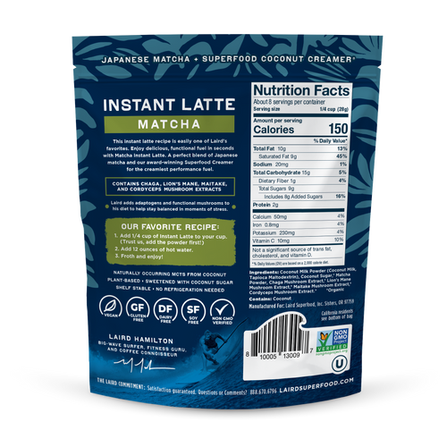 Instant Latte Matcha, back of packaging with description and nutrition facts