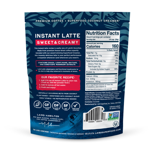 Sweet and Creamy Instant Latte,  back of package with description and Nutrition Facts