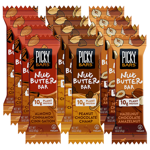 Picky Nut Butter Bars Variety 12 pack – almond cinnamon cinn-sation, peanut chocolate champ, and hazelnut chocolate amazelnut
