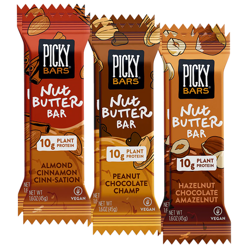 Picky Nut Butter Bars Variety 6 pack – almond cinnamon cinn-sation, peanut chocolate champ, and hazelnut chocolate amazelnut
