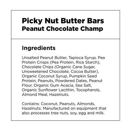 Picky Nut Butter Bars Peanut Chocolate Champ Ingredients list